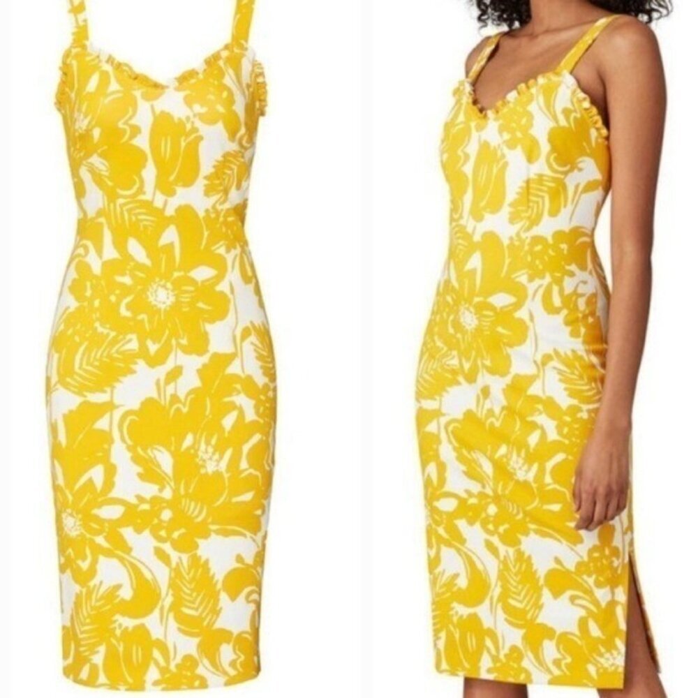 Trina Turk Zile Yellow & White Floral Dress Size 10 Ruffle Team Length Pencil •